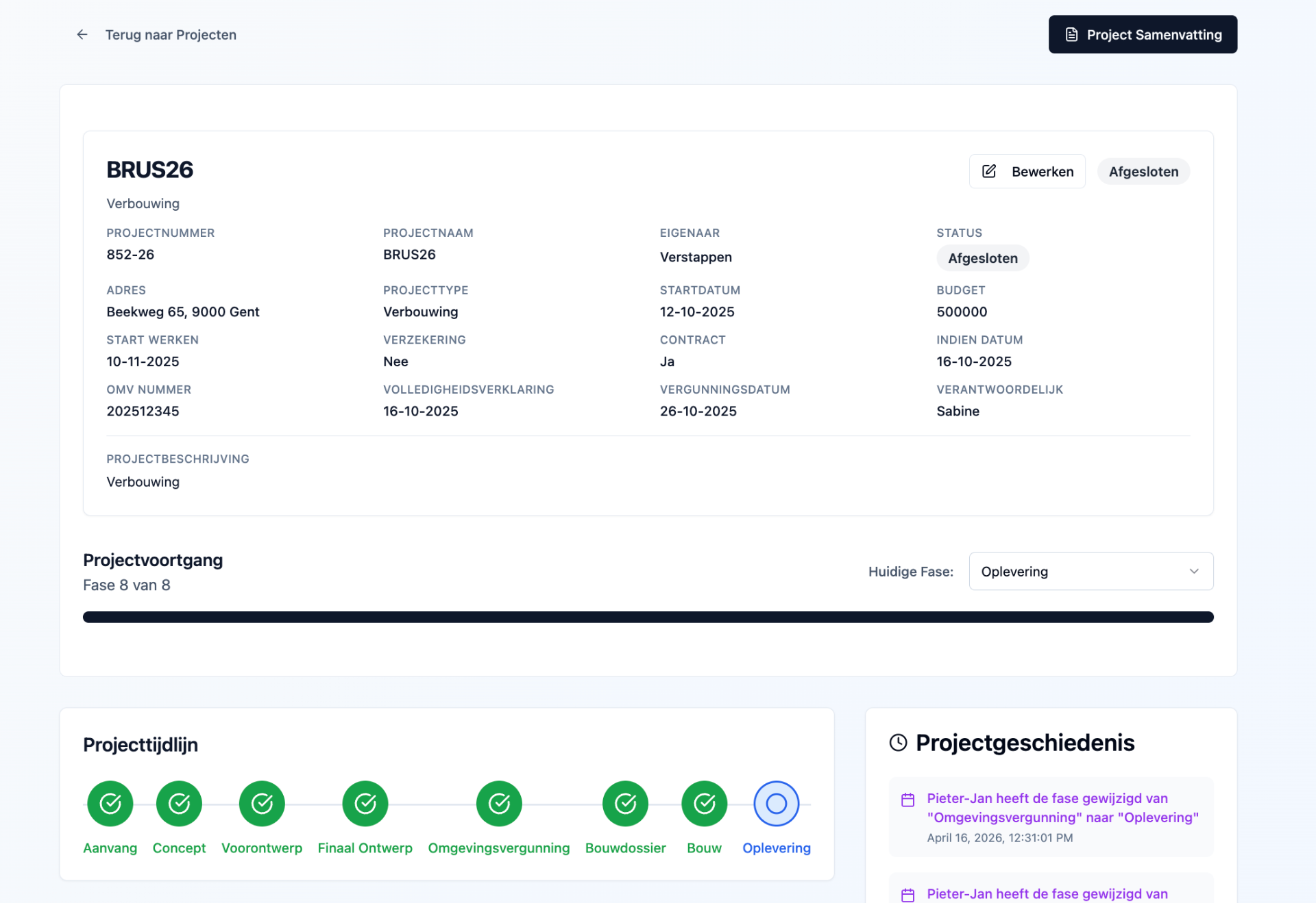 PixelFlow projectdetail BRUS26 — projectgegevens, fases en geschiedenis
