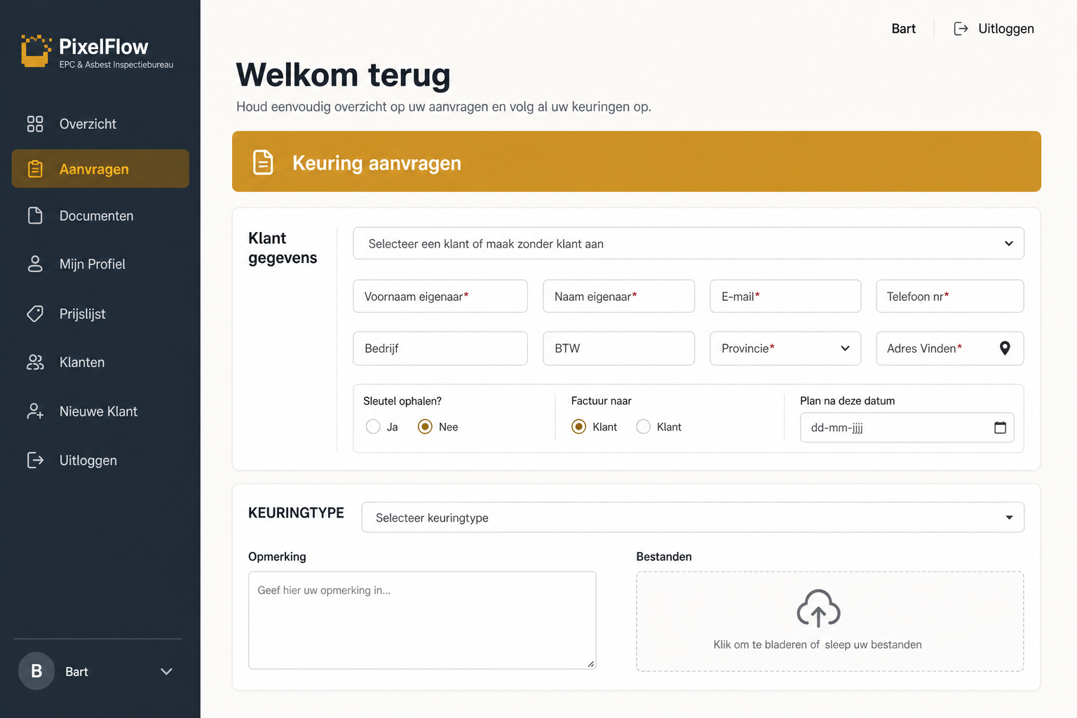 PixelFlow formulier 'Keuring aanvragen' met klantgegevens en keuringtype